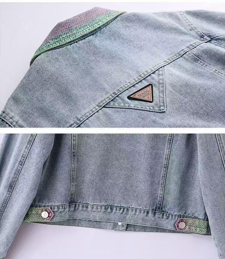 Women's Retro Patchwork Denim Jacket - Color Block Petite, Versatile & Casual for Spring/Autumn 2025