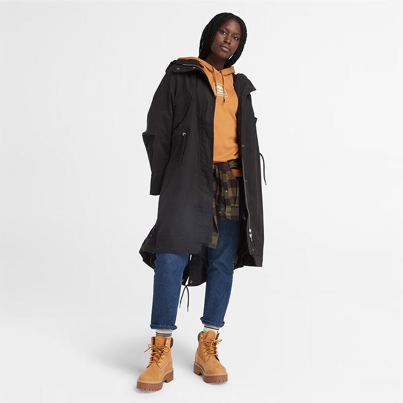 Timberland Solid Color Outdoor Water-Resistant Loose Mid-Length Parka Women outerwear Black A6HB9-001