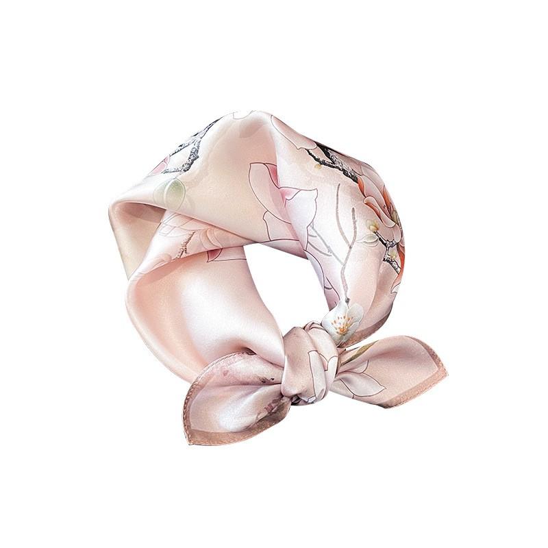 Elegant Pink Floral Silk Scarf Women Lightweight Square Neck Wrap 100% Mulberry 53x53cm