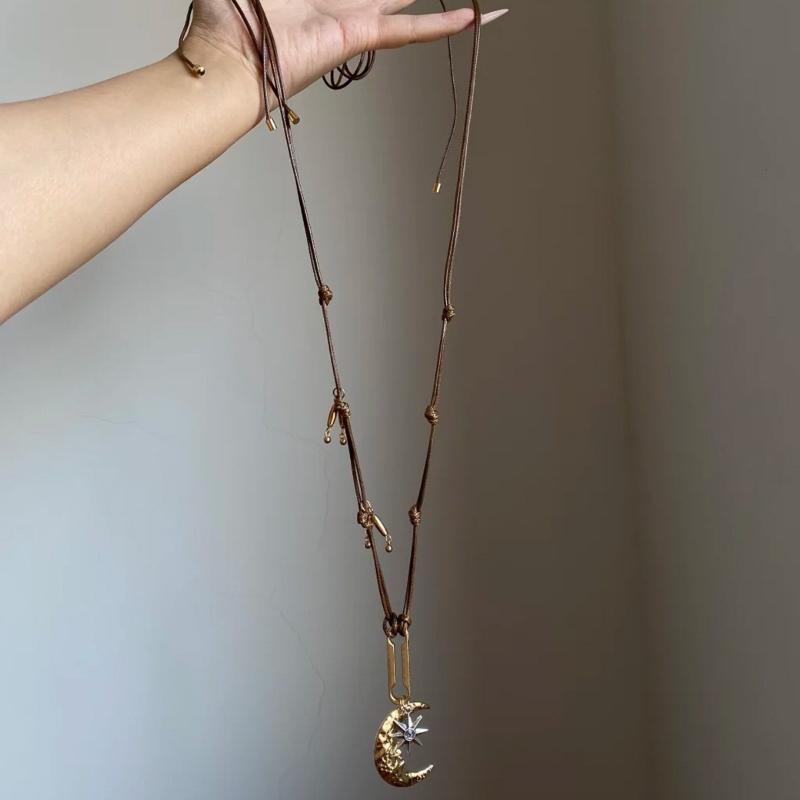 Collana Corda di Cera Stella Luna Crescente Accessori Donna Regolabile Versatile Catena per Maglione Autunno/Inverno Lusso Leggero
