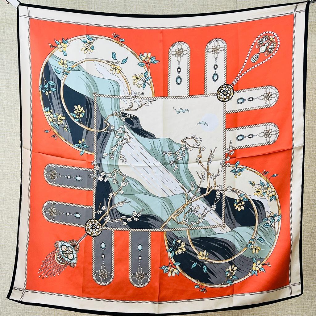 Guochao Chinese Landscape Painting Lotus Flower Versatile 100 Mulberry Silk Square Scarf Thin Shawl Women'S Silk Scarf Silk Scarf