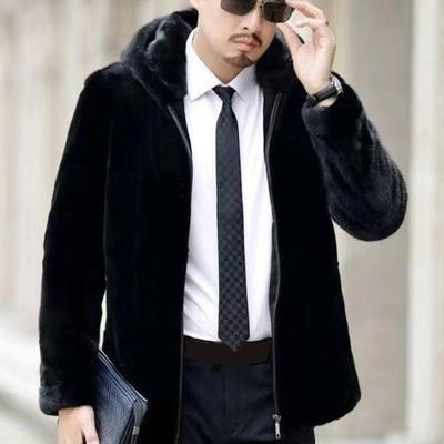 Męski Płaszcz z Kapturem Długi Rękaw Imitacja Futra Norki Kurtka z Kieszeniami Zapinana na Zamek