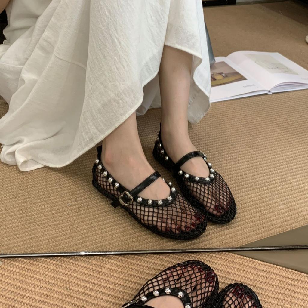 Flache Mesh-Einzelschuhe Damen 2025 neu Sommer atmungsaktiv Fischernetz Ballett Mary Jane Abendschuhe Lochsandalen