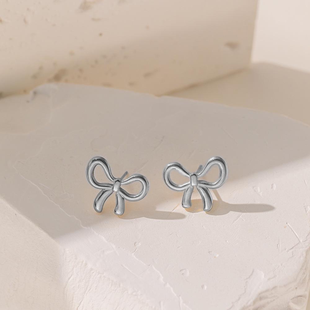 Korean Style Sweet Bow Pendant Geometric Snake Chain Titanium Steel Jewelry Set for Women