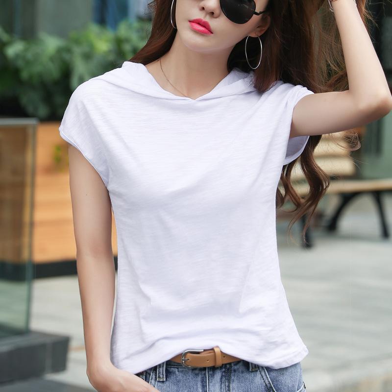 

Summer Loose Slimming Loose Hooded 95 Cotton Short Sleeved T-shirt Women s Top T-Shirts Women’s M білий