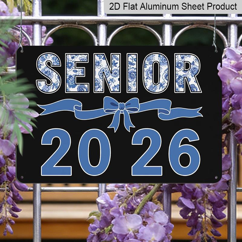 2D Flat, 1pc Senior 2026 Aluminium Sign 8x12 Inch - Blue Porcelain Floral Letter & Bow Design, Class of 2026 Graduation Decor, Senior Year Wall