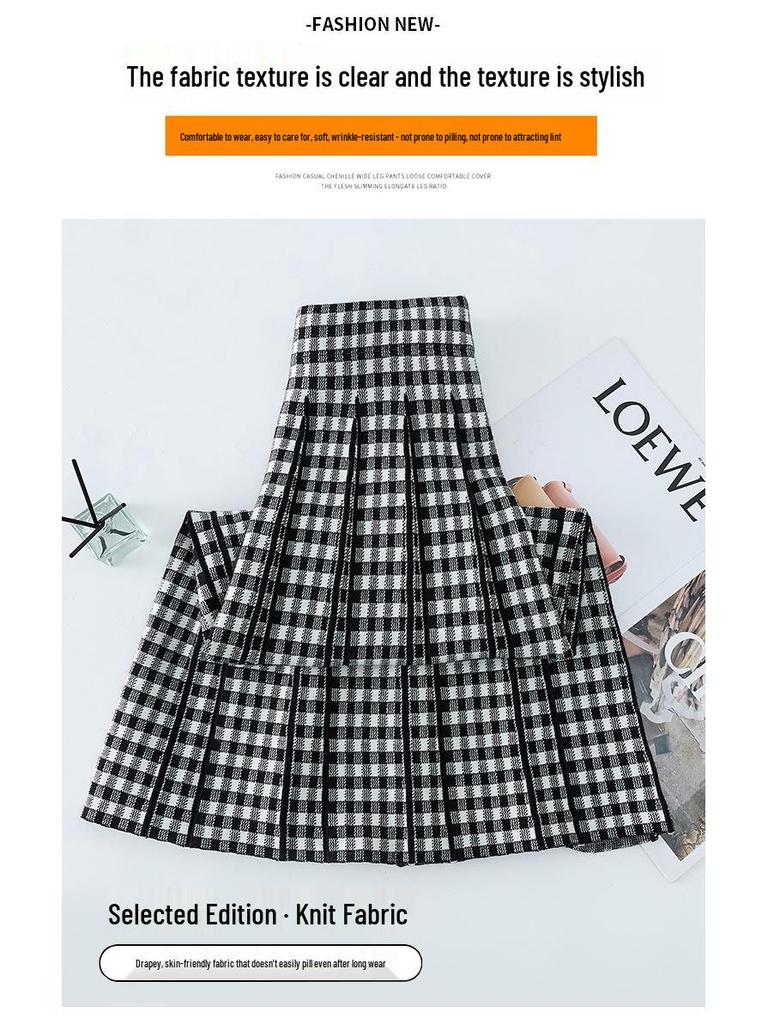 Women's High-Waisted Plaid Pleated Wool Midi Skirt - Fashionable, Slimming, A-Line Design