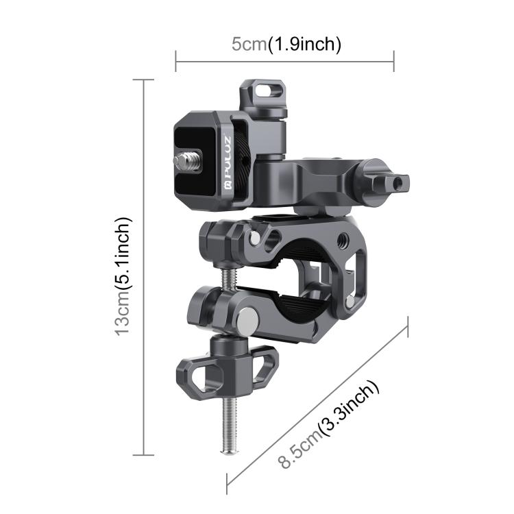 PULUZ Grey 3‑Way Aluminum‑Alloy Handlebar Mount, Dual‑Lock Dampened Bracket for Motorcycle & Bicycle Panoramic / Action Cameras