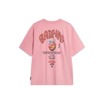 Badfive Deceptive Tactics Letter Print Loose Round Neck Short Sleeve Drop Shoulder T-Shirt Men Tops Apricot Pink AHSU435-7