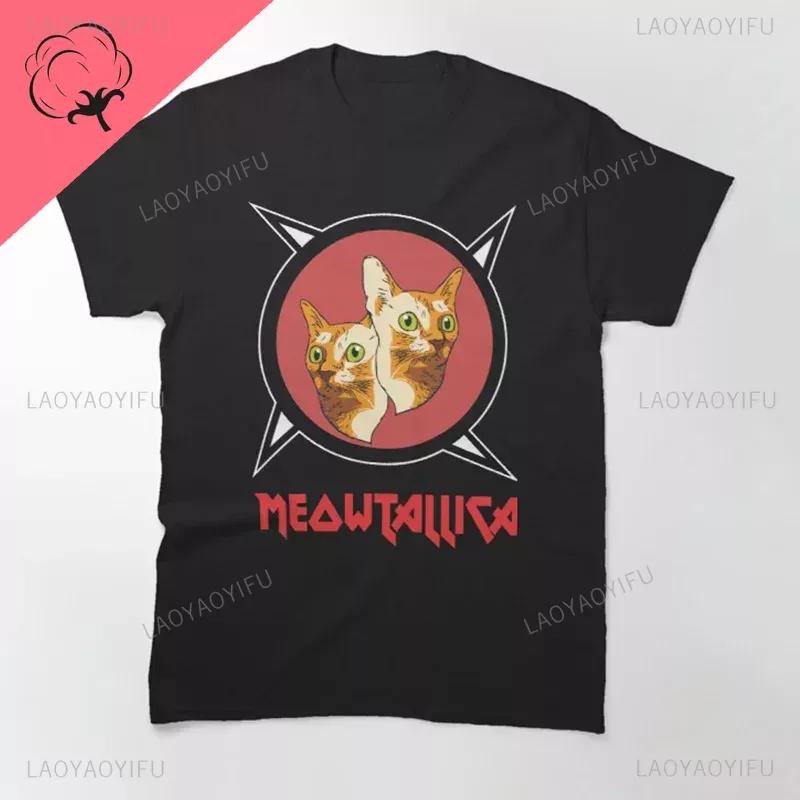 Funny Cat Meowtallica Cat Rock Music Print T-Shirts Rock Music Men Tops Fashion Oversized Tee Comfortable Unsiex Couple Wears