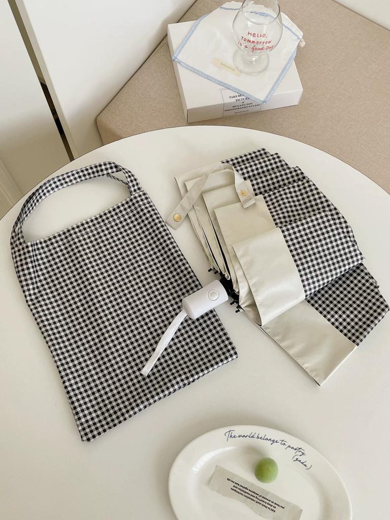INS Black and White Plaid Sun Protection Umbrella Foldable and Portable Umbrella Female Dual-Use Black Glue UV Protection Umbrella