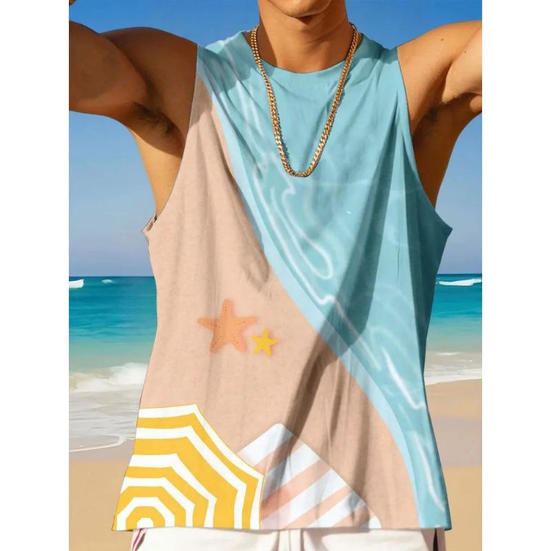 Summer Round Neck 3D Palm Leaf Printed Top Fashionable Casual Hawaiian Beach Sleeveless Vest Men's T-shirts