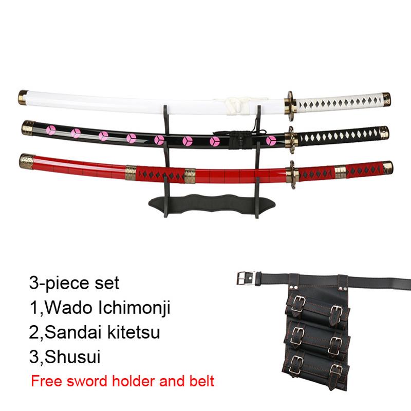 Roronoa Zoro Set Katana Tre Pezzi Fatto a Mano Shusui Enma Kitetsu Spade Con Supporto Espositore Gratuito e Cintura Prop Cosplay