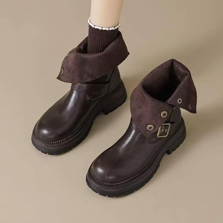 

thick heel Martin boots women s British style platform short boots women s 2025 new autumn versatile two wear denim leather shoes single boots 40 коричневый