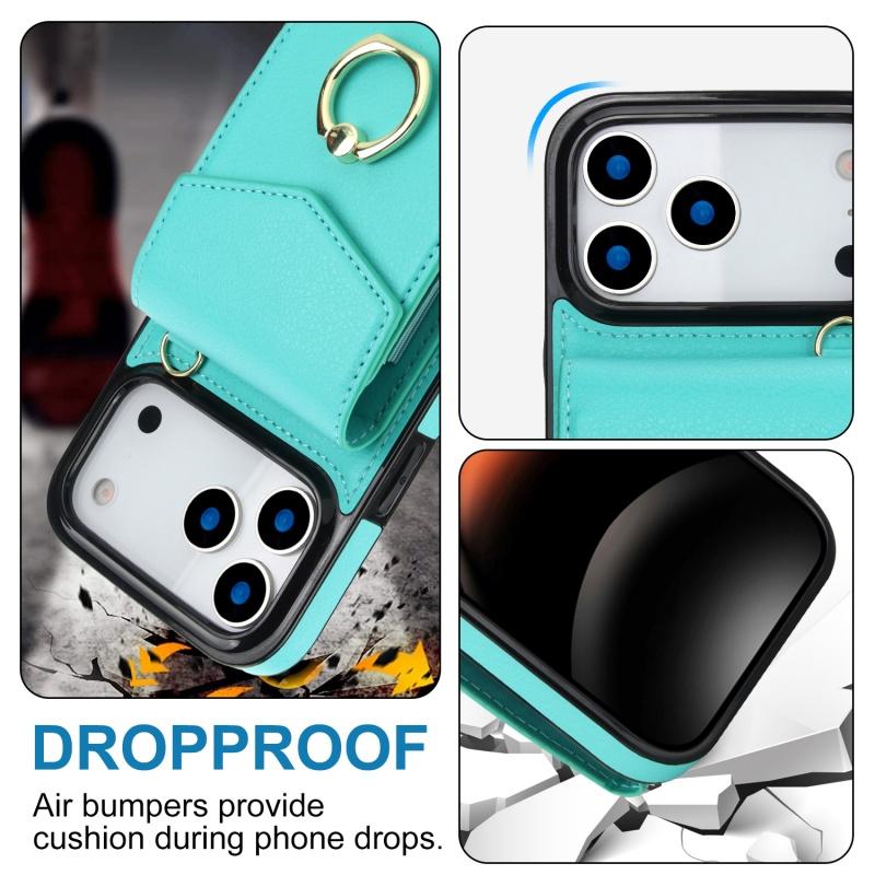 Ring Lanyard Leather Multi Card Wallet Phone Case for iPhone 18 Pro Max 17E 17 Air 16E 16 Plus 15 14 13 12 11 Flip Stand Cover