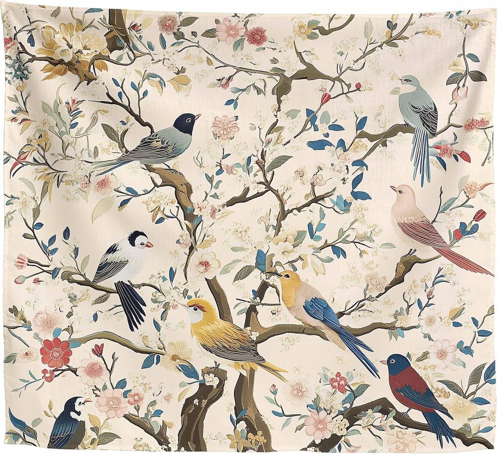 Vintage Chinoiserie Tapestry Birds And Flowers, Asian Art Aesthetic Wall Hanging, Cottagecore Nature Decor For Bedroom, Living