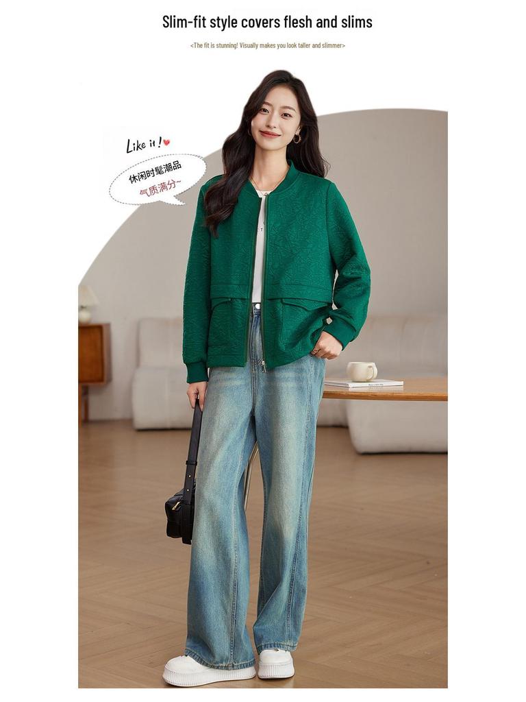 Plus Size Women's Casual Loose Round Neck Baseball Jacket - Short, Fat MM Style, Early Autumn 2024.