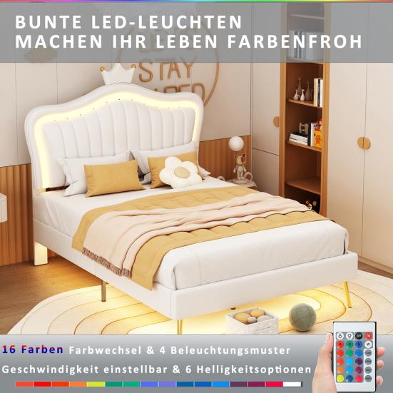 Bed Children Upholstered 90 x 200cm Frame for Girls White Crown Double Made of Faux Leather with LED Lights Slatted And Backrest (Mattress