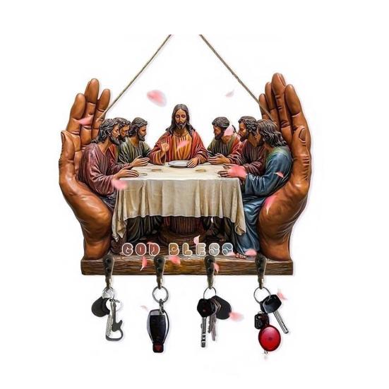 Dřevěný křesťanský držák na klíče 2D plochý Ježíš přijímání umění klíčenka stojan se 4 háčky náboženský nástěnný stojan na klíče pro vstupní halu domácí dekorace