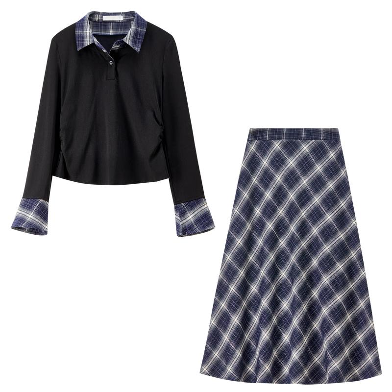 Shangdoubila Miu Women s Polo Collar Faux Two-Piece Top & A-Line Skirt Set L