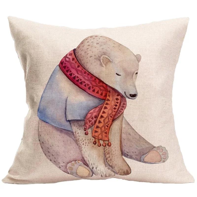 Winter Forest Cartoon Animals Linen Pillowcase Home Living Room Sofa Car Office Cushion Cover 45*45Cm