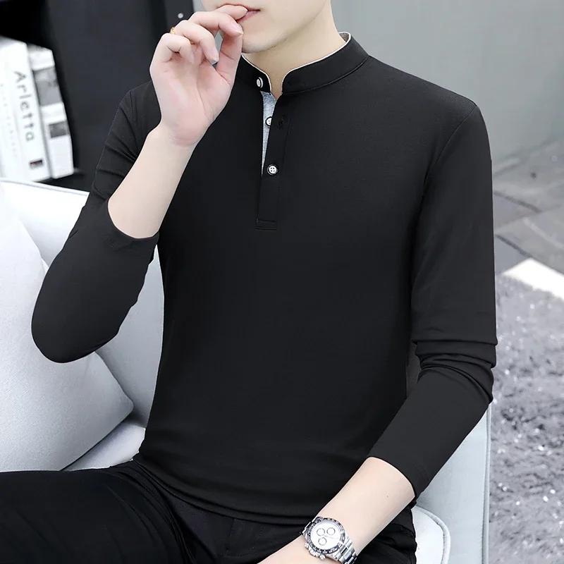 

Футболки весна-осень мужские с воротником-стойкой, однотонные, с длинным рукавом, облегающие, повседневные, модные, мужские топы 4XL