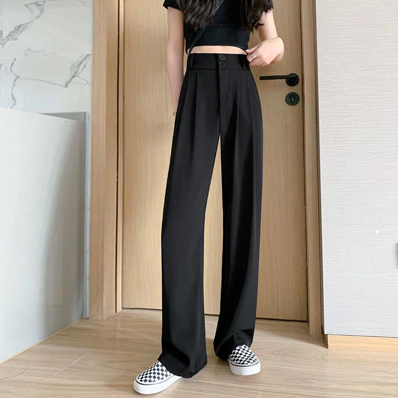 Women's High-End Black Drapey Straight-Leg Wide Suit Pants - Slimming, Casual Fit for Spring/Summer, Ideal for Pear-Shaped Bodies.