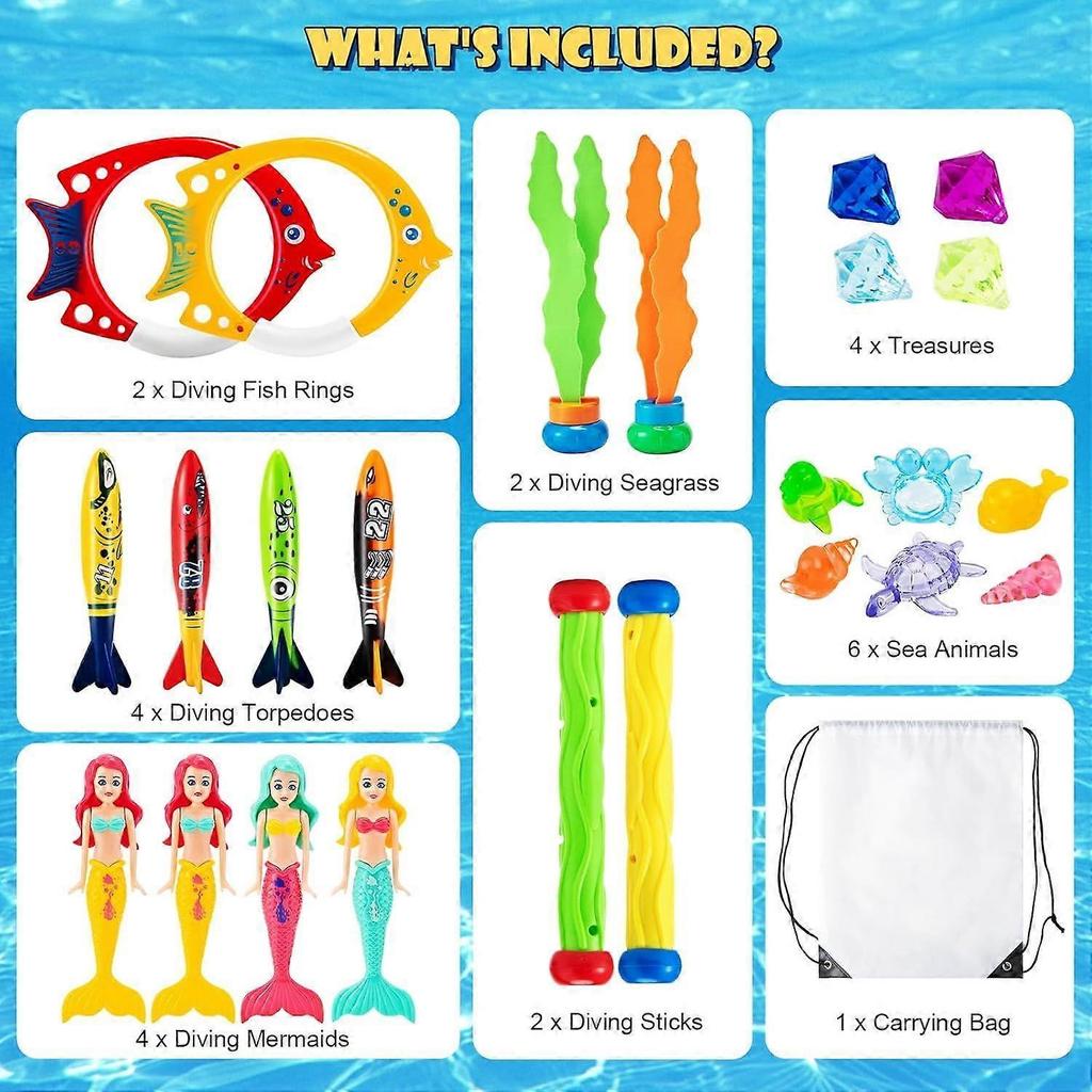 Diving Toys for Swimming Pool, 24 PCS Sinkers for Swimming Kids, Underwater Training Toys Diving Mermaids, Dive Sticks, Torpedo Bandits, Dive Seagrass