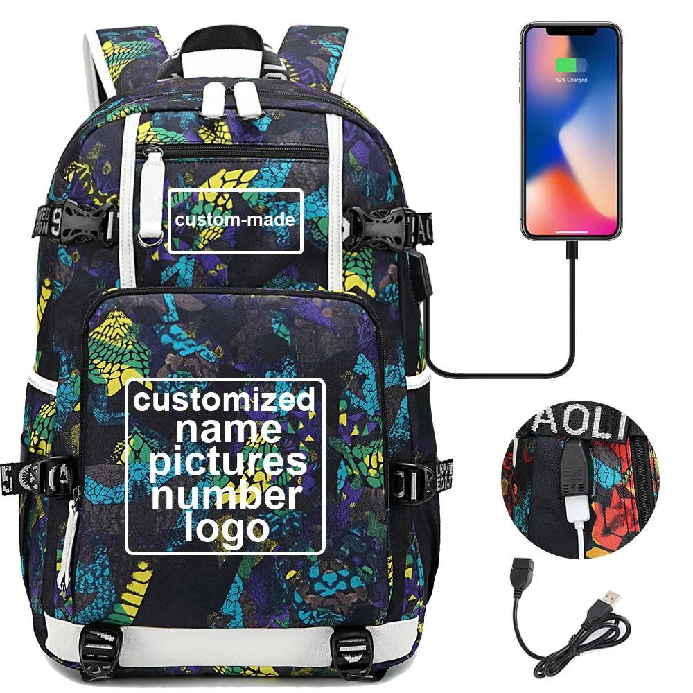 Customized Print DIY Your Like Photo or Logo Boy Girls Kids Book Bag Women USB Laptop Backpack Canvas Men Bagpack Big Travel Bag