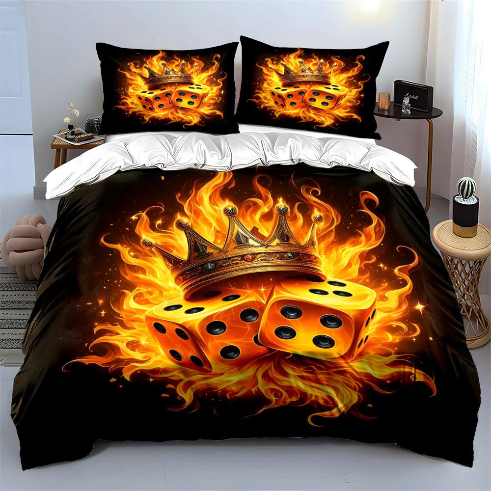 Fiery Crown and Dice Design Bedding Duvet Cover Set  (1*Duvet Cover 2*Pillowcases, without duvet insert)