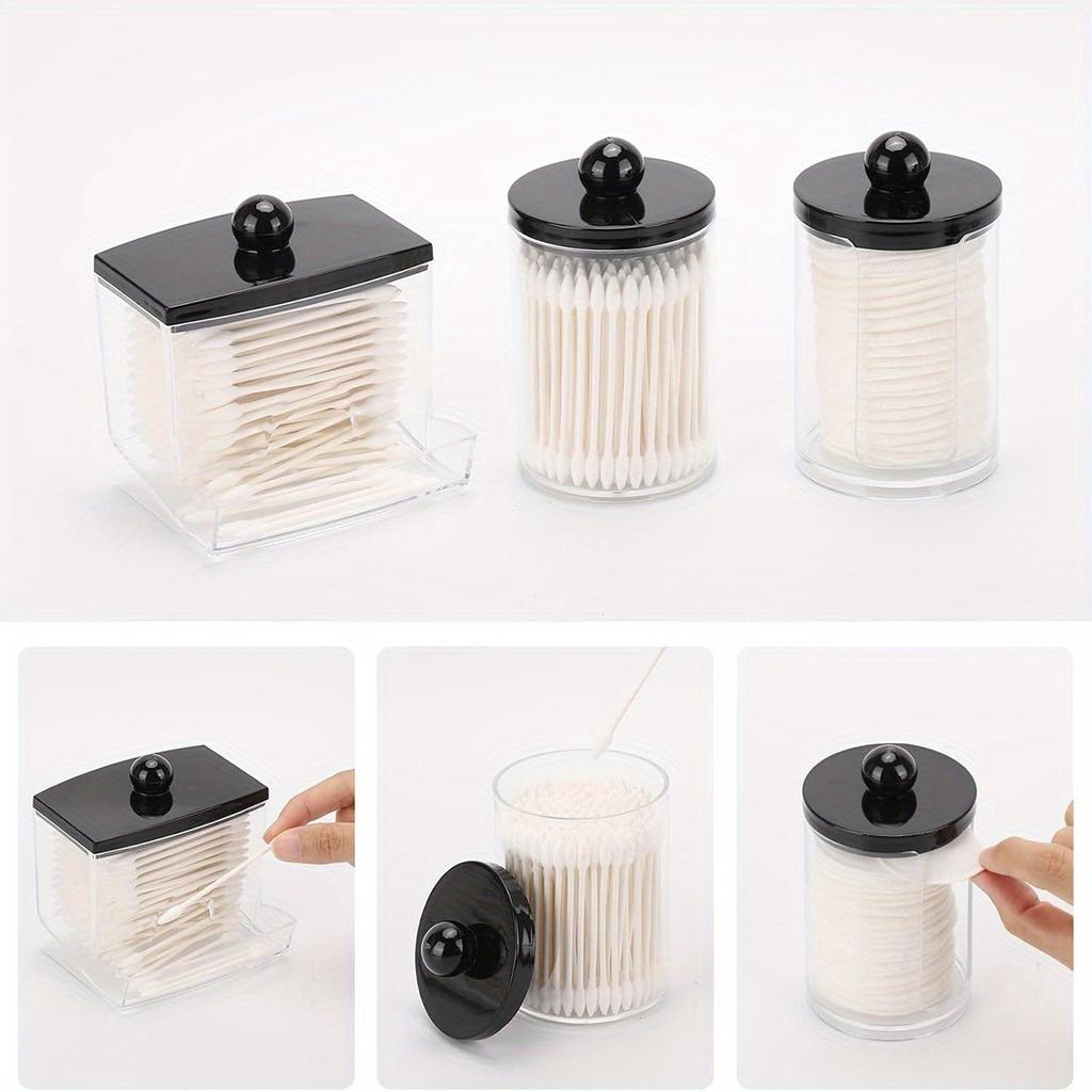 3 Pack Bathroom Organizers and Storage Containers Qtips Holder Dispenser Plastic Apothecary Jars with Black Lids for Cotton
