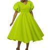 Large Size Women Fashion Solid Dress Ladies Elegant One Piece V Neck Puff Sleeves Swing Dress