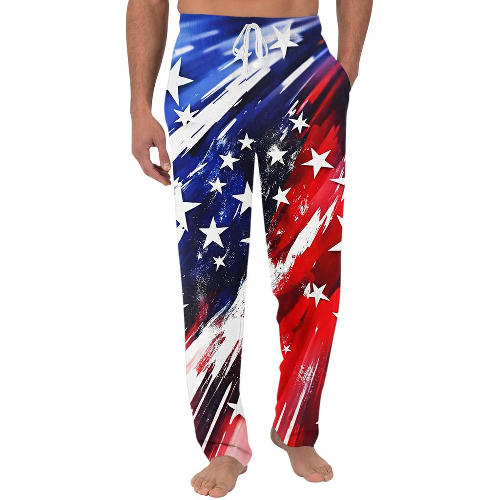 Men's Independence Day Print Plain Knit Pocket Casual Lounge Pants Sleepwear Drawstring Waist Relaxed Fit