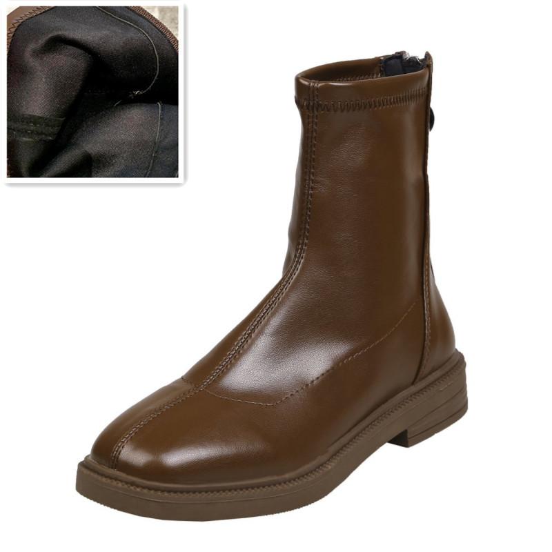 

Осень-зима, черные ботинки на низком каблуке, женская мода, универсальные тонкие ботильоны из искусственной кожи на молнии, удобная теплая женская обувь на квадратном каблуке 35 коричневый