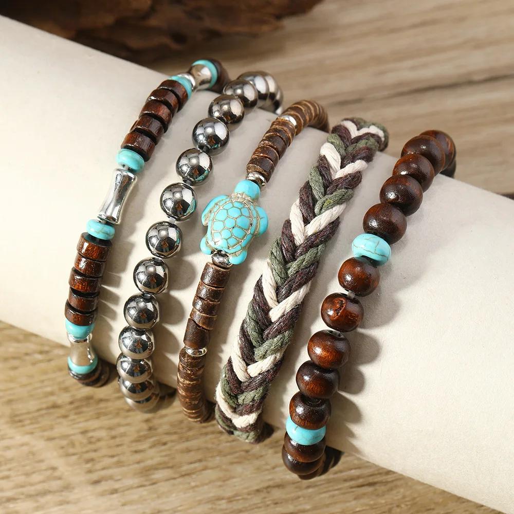 5-piece Bohemian Sea Turtle Vintage Wooden Shell Wax Rope Woven Bracelet Set
