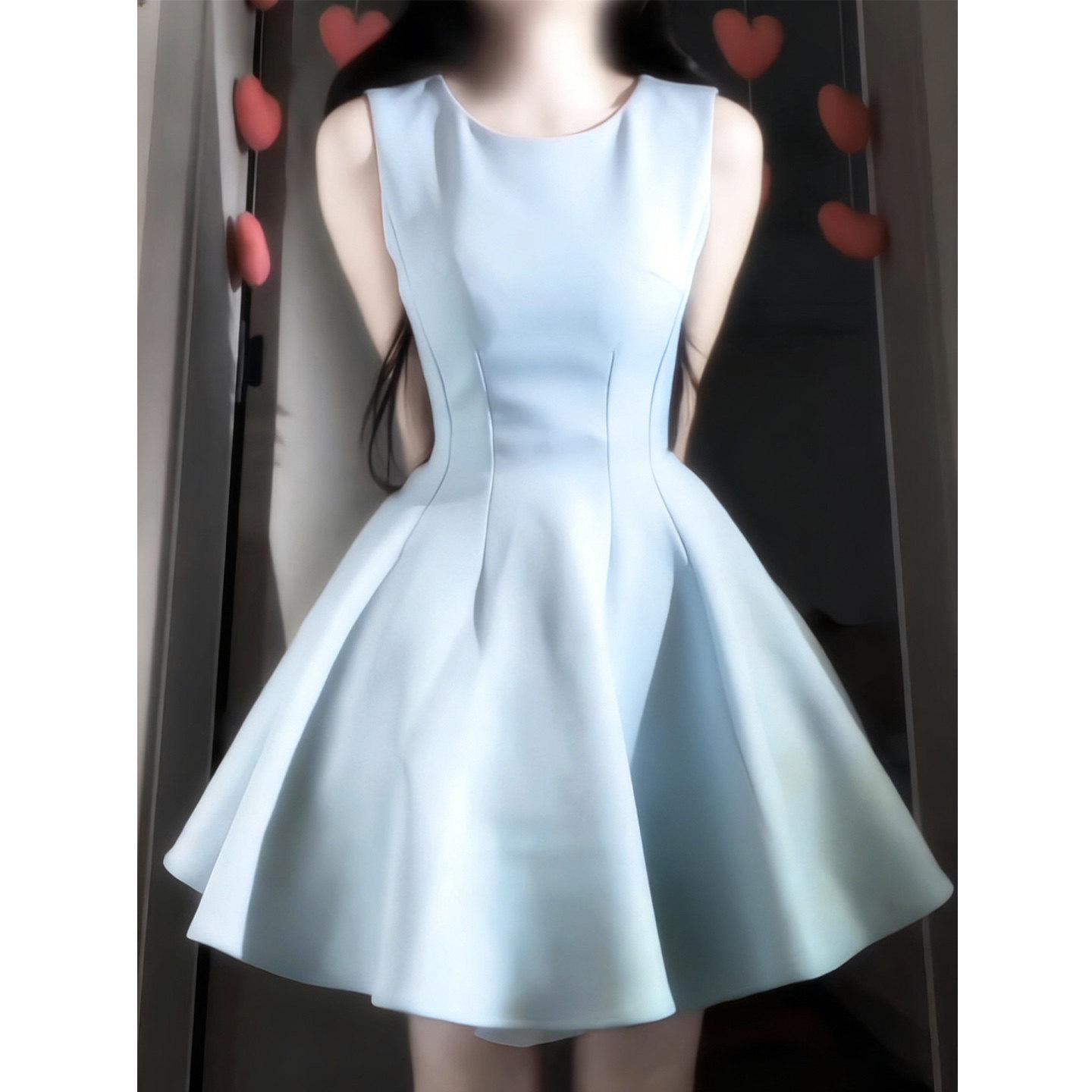 

Beautiful Blue A-Line Skirt: Perfect Petite Spring Dress, Cinched Waist, Sleeveless Tank, Ideal for Parties. L