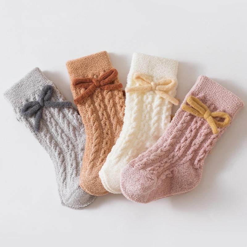 Baby Socks Solid Cotton Soft Long Princess Socks Plugging And Thickening with Cute Bow Boy Girls Stretchy Warm Cozy Casual Socks
