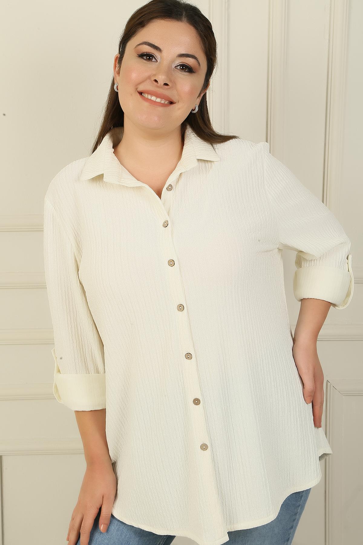 

Sleeve Folded Seersucker Plus Size Shirt 3XL екрю