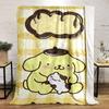 Yellow checkered background with a cartoon dog holding a smaller animal. for all seasons blanket lunch break throw gift