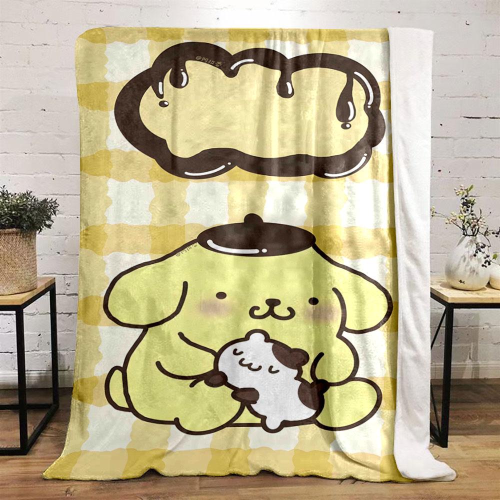 Yellow checkered background with a cartoon dog holding a smaller animal. for all seasons blanket lunch break throw gift