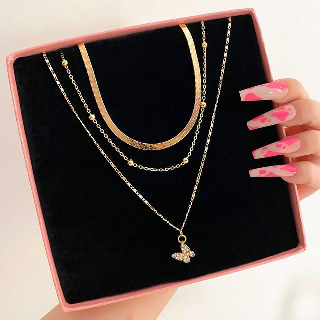 Silver Color Shining Crystal Butterfly Pendant Necklaces Double Layer Pendant Clavicle Choker For Women Jewelry Gifts