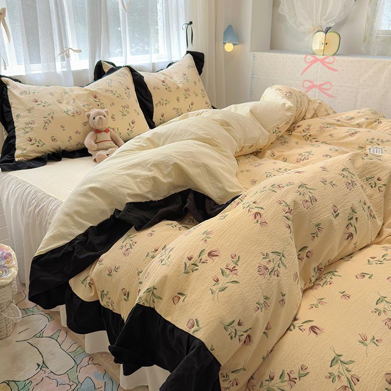 Ins Korean Style Floral Bedding Set 2024 New Washed Cotton 4pcs Bed Sheet Set Duvet Cover Set For Girls Bedding Decor Home