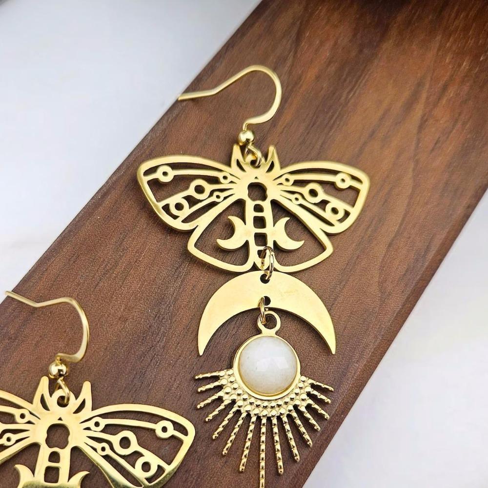 Bohemia Charm Gold Color Hollowed-out Moth Crescent Moon Sun Moonstone Pendant Dangle Earrings for Women Stainless Steel Jewelry