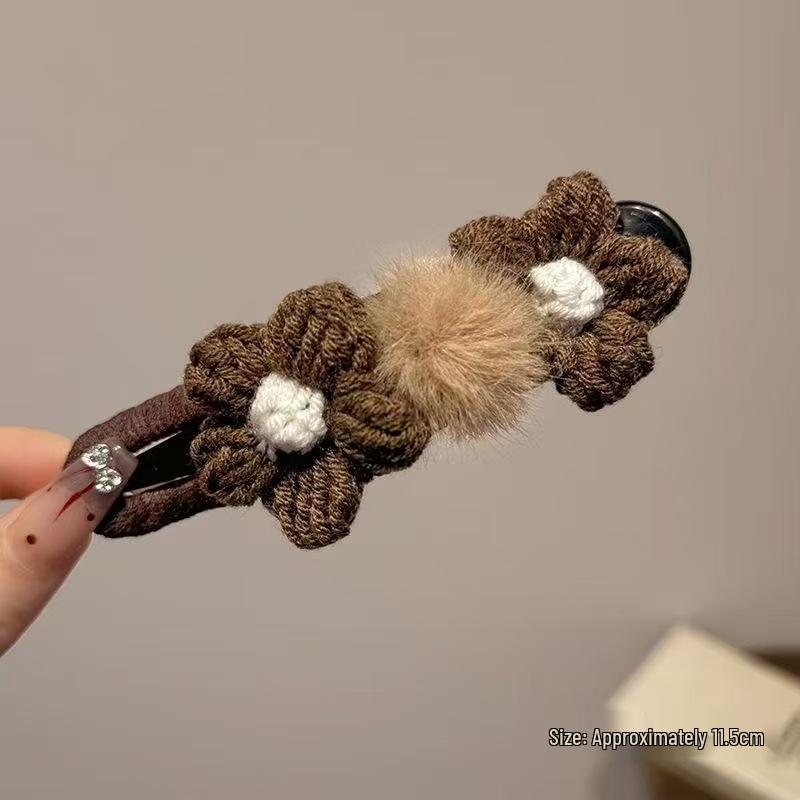 Autumn-Winter Milk Coffee Knitted Floral Hair Clip for Half Updo - Elegant Headwear Accessory