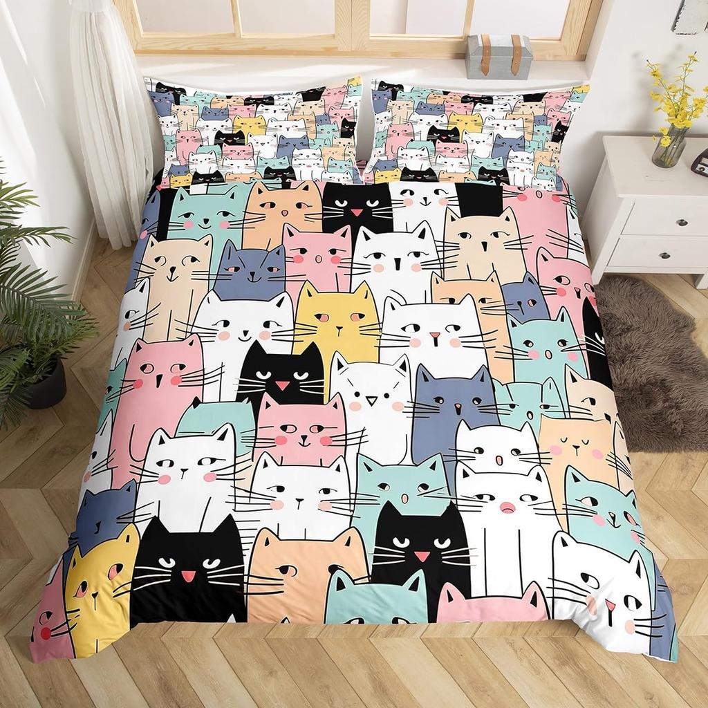 Girls Kawaii Cat Bedding Set Full Queen, Cute Kitten Comforter Cover Cartoon Duvet Cover Colorful Flowers Plant Bedspread Cover