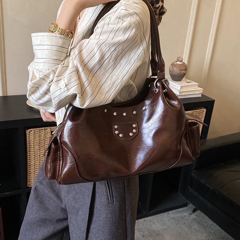 Faux Leather Hobo Bag Women Fashion Shoulder Bag With Stud Detail Soft Texture Handbag Everyday Use