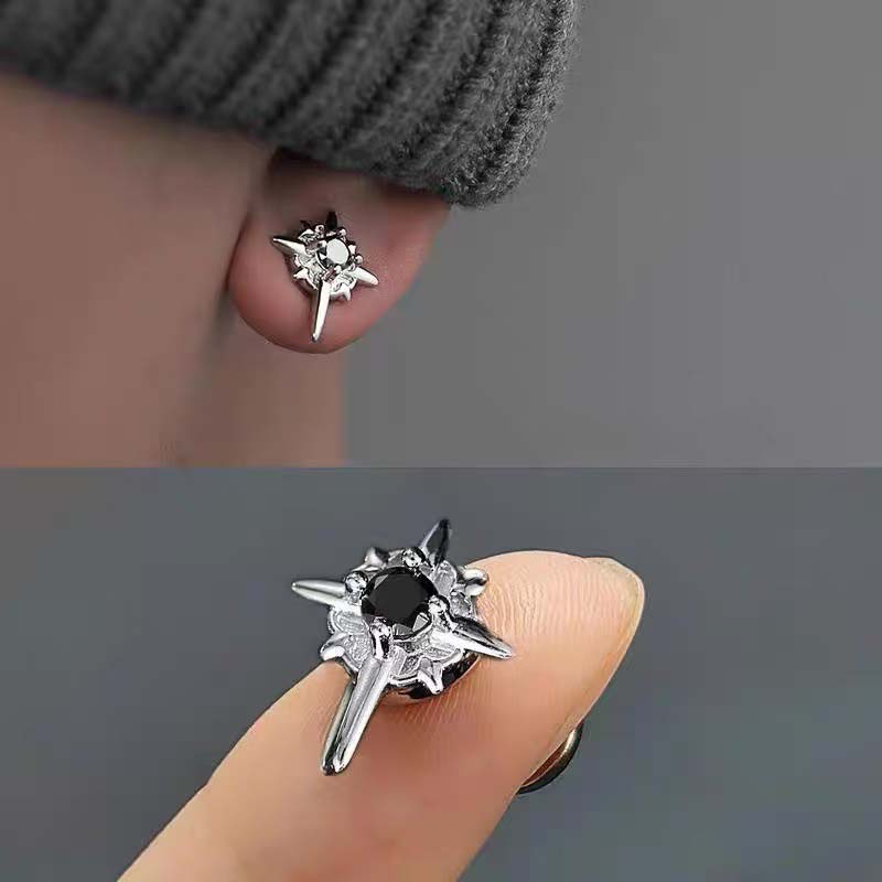 Punk Black Crystal Star Stud Earrings for Men Women Hip Hop Style Antique Silver Color Rhinestone Couple Post Earrings Jewelry