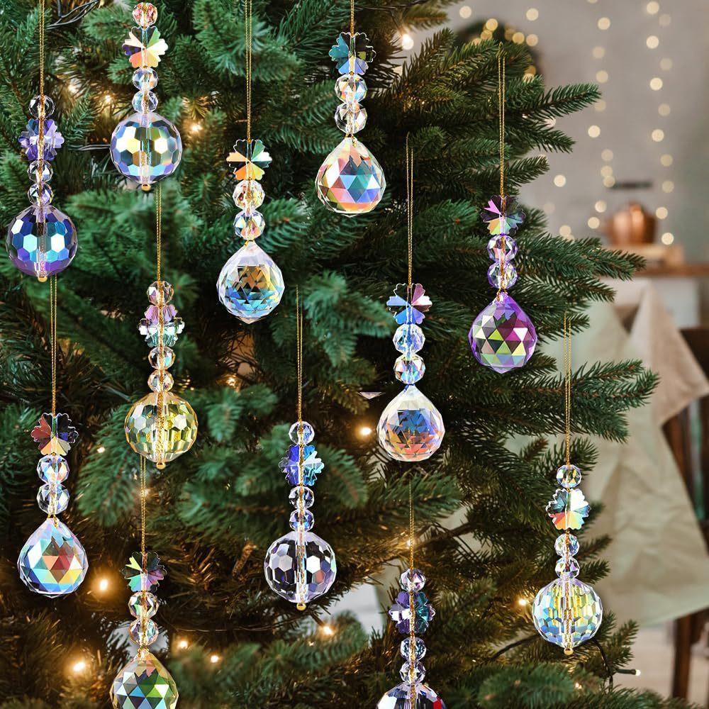 12-Piece Christmas Crystal Ball Ornaments - Colorful Prism Glass Decorations for DIY Tree Crafting.