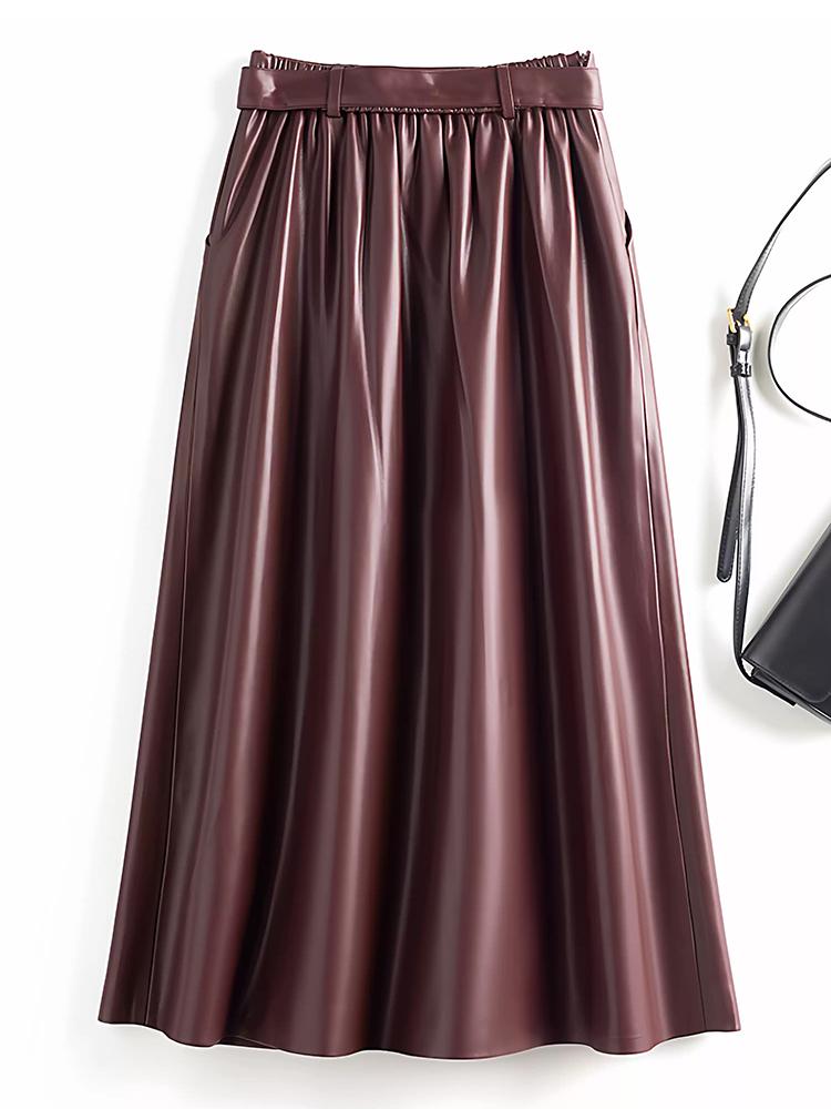 Women's Haining Lambskin A-Line Midi Skirt - High-Waisted, Slim Fit with Large Hem, Elegant Design