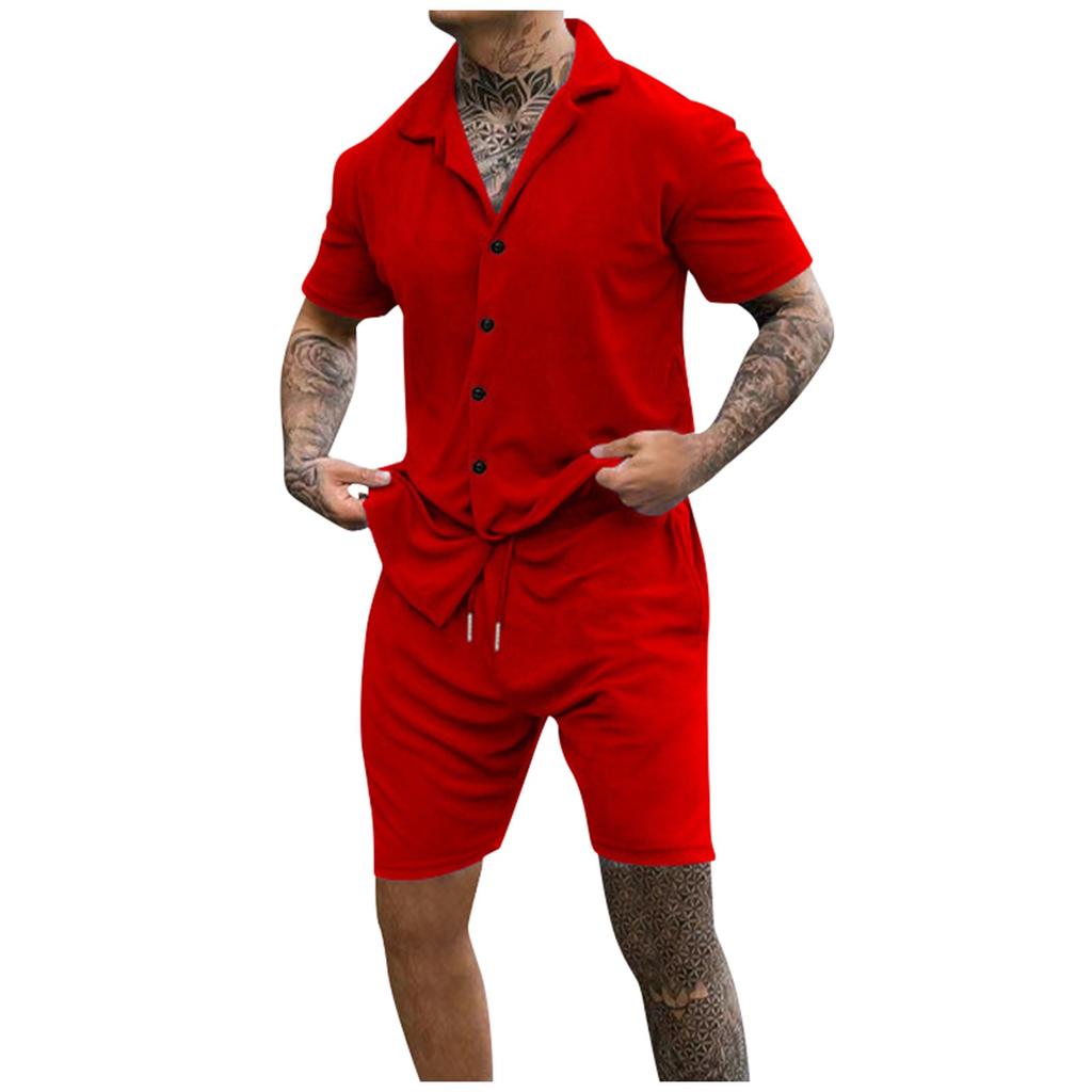 Summer Men's Solid Color Casual Suit Short Sleeved Button Shirt Loose Shorts Two-piece Set